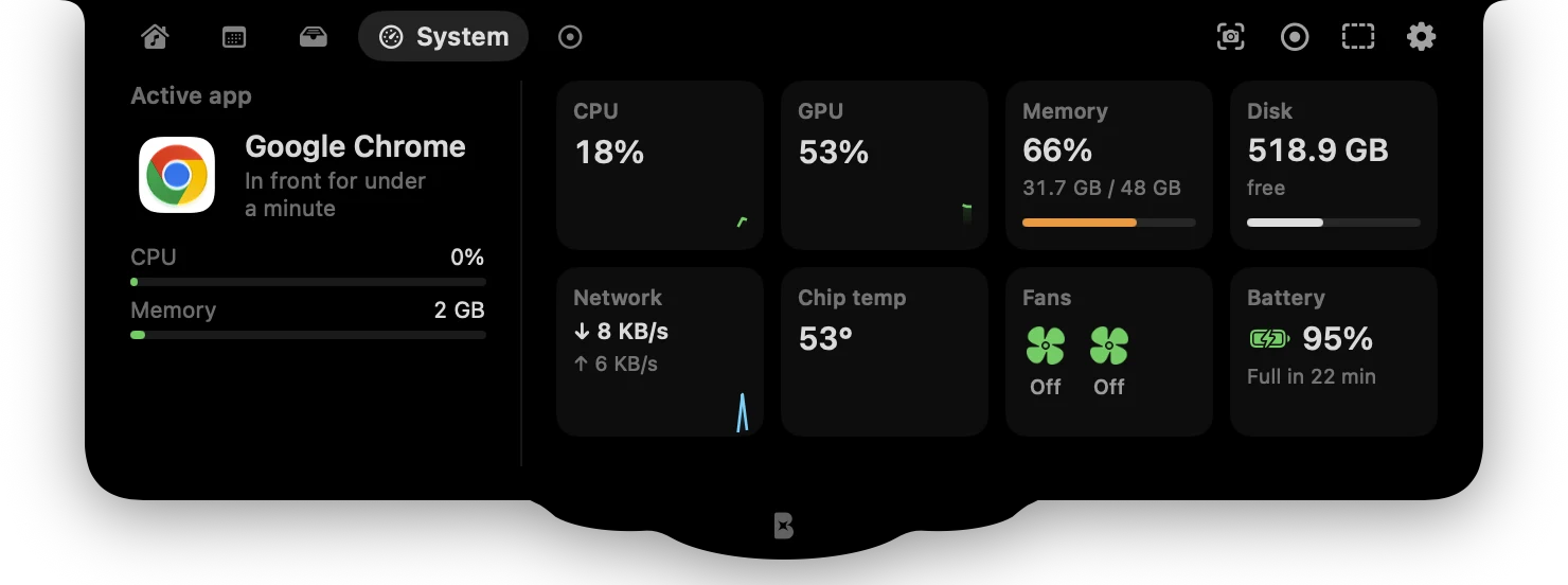 系统页：当前 App、CPU、GPU、内存、磁盘、网络、芯片温度、风扇和电池。
